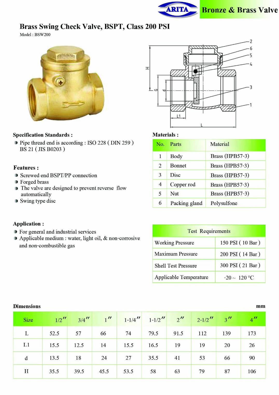 swing check valve ทองเหลือง Swing Check valve ทองเหลือง BSW200 Spec