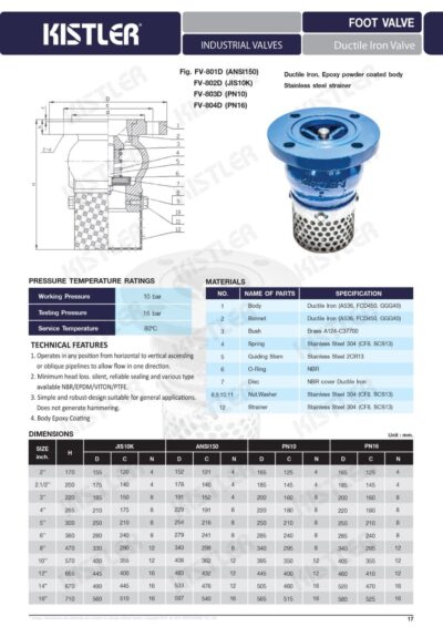 Foot valve Kistler ตะแกรงสแตนเลส SUS304 Spec